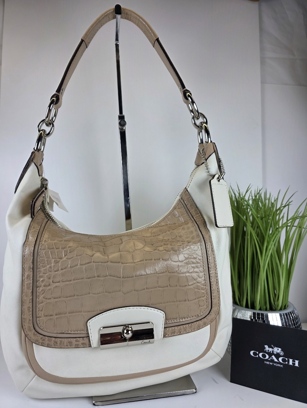 Coach Hobo Kristin Spectator Beige Croc-Embossed & Cream Shoulder Bag Nwt
